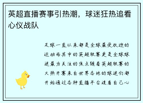 英超直播赛事引热潮，球迷狂热追看心仪战队